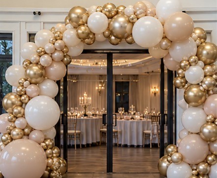 Entrance balloon arch in blush, ivory and gold