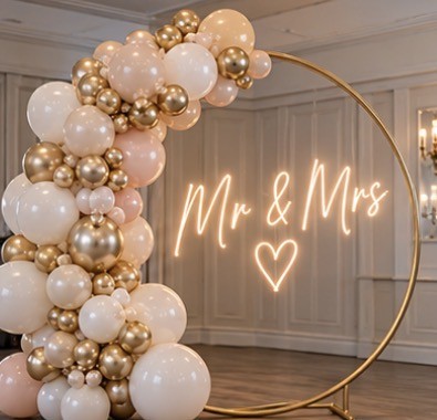 Mr & Mrs balloon hoop in blush, ivory and gold