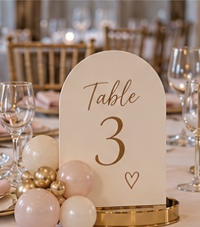 Coordinated table numbers in blush, ivory and gold